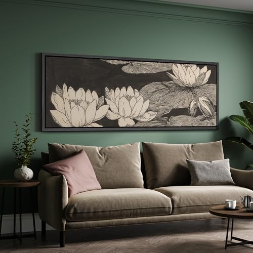Image of MUDECOR Large Framed Canvas Print Wall Art Vintage Lotus Flower Line Art Botanical Black and Beige Antique Retro Ready to Hang Painting for Living Room Bedroom Multi-Sizes - 60 inchx20 inch