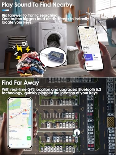 Image of Keychain, Works with Apple Find My, Key Finder Built-in Anti-Loss Tracker, Leather Car Fob Key Holder, Double-Layer Car Key Chains with Global Locator Tracking, Rechargeable (Navy Blue)