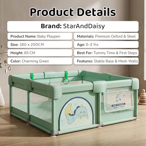 Image of StarAndDaisy Play Pen for Baby for 0-5 Years 180 x 200 cm Baby Play Area Indoor Setup with Safety Lock & Anti-Fall Grasp System | Breathable Play Pen for Kids Indoor - Green