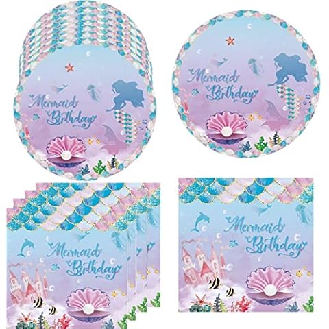 Mermaid Birthday Decorations - Mermaid Party Dinnerware Supplies 20 Pcs Dessert Plates & 20 Pcs Mermaid Napkin for Girls 1st Birthday Baby Shower Ocean Party Decorations Cover