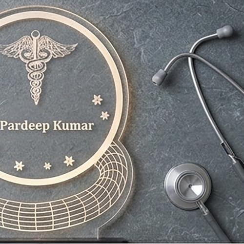 Image of Acrylic Laser Engraved Table Sign Stand For Doctor, For Dentist, For Advocate, For Lawyers, For Teacher, For Office, Acrylic LED Name Plate Signage 6 x 7 inch (Round Name Plate)