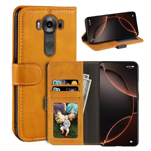 UOGNADGD Leather Flip Cover Compatible with LG V10 Wallet Case with Card Slots, Magnetic Closure, Stand Function, RFID Shockproof Folio (Lightbrown)
