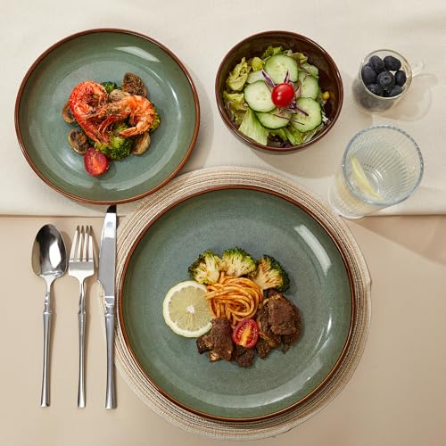 Image of Pokini 36 Piece Stoneware Dinnerware Sets, Ceramic Plates and Bowls Set, Microwave & Dishwasher Safe Kitchen Dish Set, Modern Dinner Salad Plates | Cereal Bowls for 12, Dishware Sets Sage Green