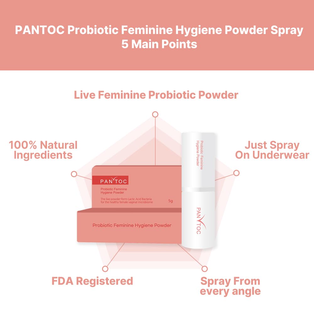 PANTOC Probiotic Feminine Hygiene Powder Spray – Vaginal Probiotic Powder Spray Supports, Balances & Maintains Feminine Flora pH Levels – 5.0g (Shelf Stable)