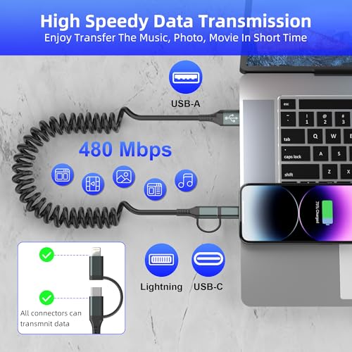 Image of USB to USB C and Lightning Cable for Apple Carplay & Android Auto - USB C and Lightning Cable 2 in 1 Carplay Cable [MFi,3A,Data Sync] USB A to C & Lightning for iPhone17 16 15 14 13 12 11 Android,Grey
