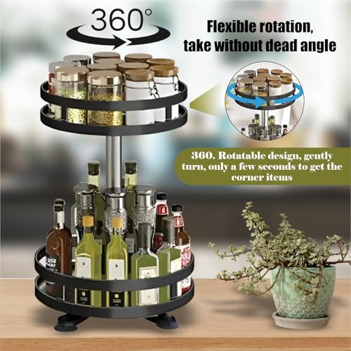 Image of JD FRESH 360 Rotating Spice Rack Organiser /Multifunctional Spice Rack /Table Top Storage Rack /Non-Slip Spice Holder Organizer for Kitchen /Living Room- Black (2-Tier, Round)