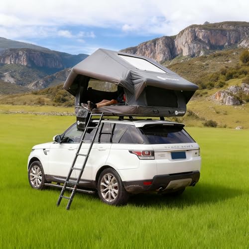 Inflatable Rooftop Tent, UNISTRENGH Multi-Purpose SUV Car Tents with Air Cushion, 2 TPU Skylights, Telescopic Ladder & Extended Canopy, Easy Setup for Camping (Green/Grey)