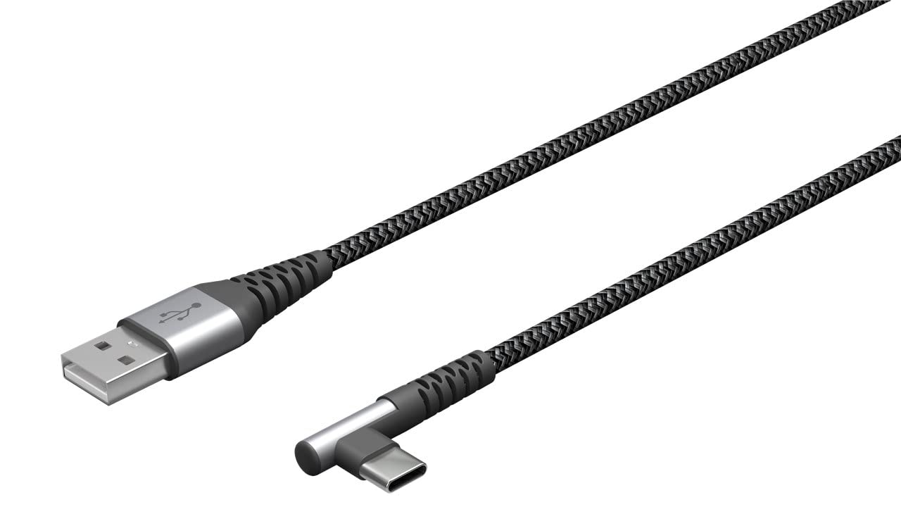Goobay 64656 USB C auf USB A Kabel mit 90 Grad Winkel/Handykabel 480 Mbits/USB C Schnellladekabel 60W & 20V / Textilkabel Grau 1m