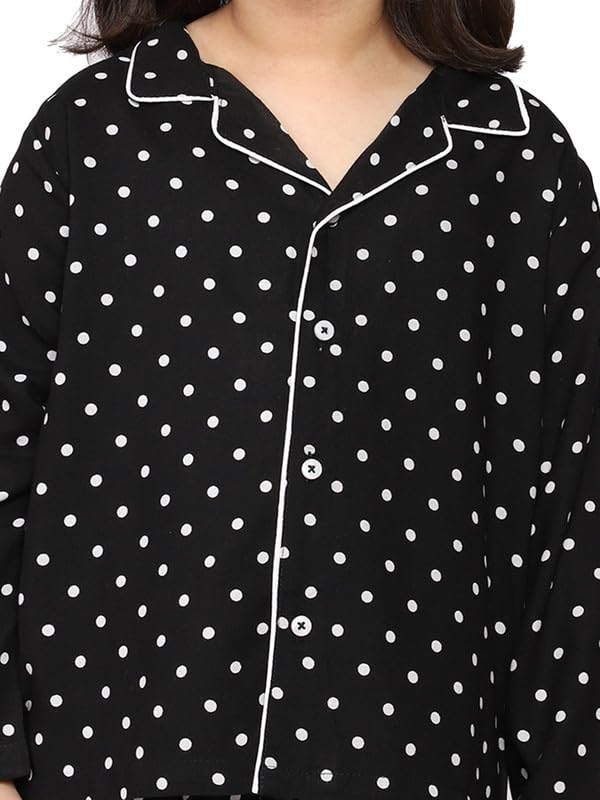 mininest Full Sleeves Polka Printed Night Suit | Night Wear | Sleep Suit for Boys & Girls- Black (9-10 Years) 1