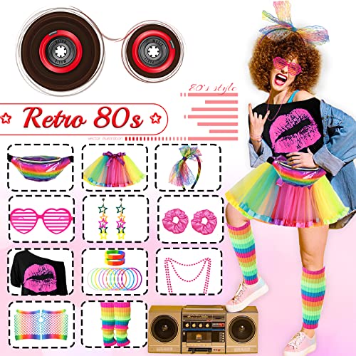 80s Costume Outfits Accessories Set for Women 1980s Fancy Dress Party Kits with T-shirt Tutu Bumbag Headband Earring Necklace Fishnet Gloves Leg Warmers Glasses Bracelet Scrunchies for Women Dress up - Image 4