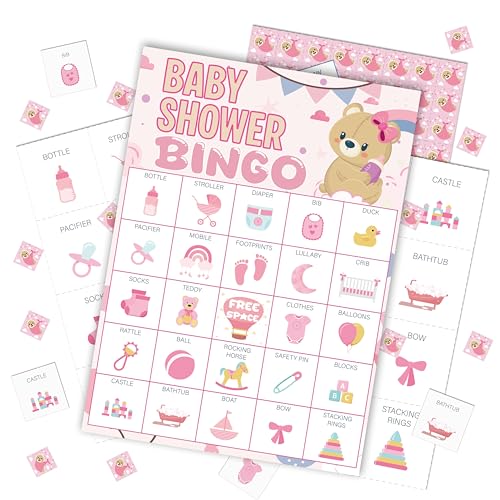 Comfzybe Baby Shower Bingo Game Cards Set for Guests Adults Pink Bear Baby Shower Party Bingo Game Gender Reveal Bingo Game for Family Friends Large Group Activity Favors Supplies Decorations