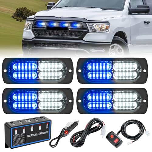 Image of Nilight 4PCS LED Strobe Lights 12V 24V Sync Feature Blue White | 24LED Emergency Hazard Warning Lights with Controller Hard Wire or Cigarette Lighter Plug for Car Truck RVs Campers