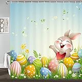 JAWO Easter Rabbit and Eggs Shower Curtain, Cute Bunny with Spring Flower Blue Fabric Shower...