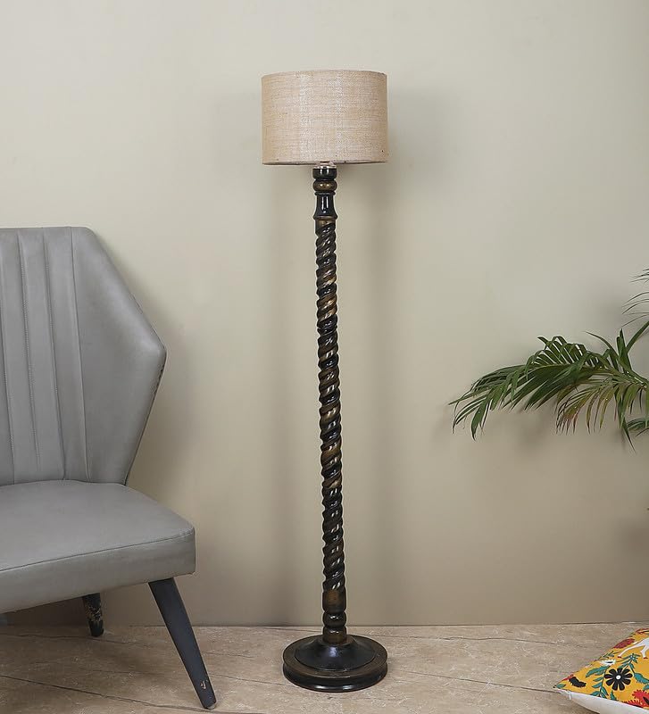 Image of tu casa Mango Wooden Floor Lamps with Spiral Base & Off-White Shade for Home Decor, Bedrooms Corner, Living Room, Gifting, Diwali Decoration, Office, Study Room (Height: - 56 inch) - Bulb not Included