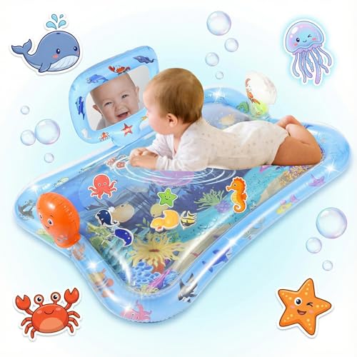 Image of Inflatable Tummy Time Water Mat with Mirror – Portable Baby Play Mat for 0–12 Month Infants, Strengthen Muscles & Promote Sensory Development, Gift for Boys & Girls
