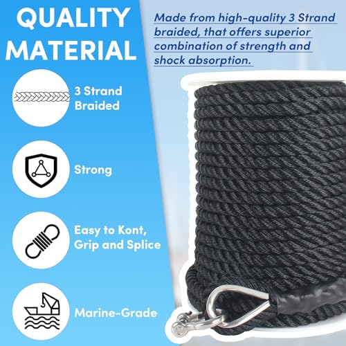 image for VEITHI Boat Anchor Rope 150 ft x 1/2 inch Black, 3 Strand Anchor Line 