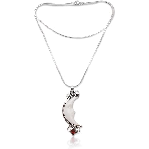 NOVICA Handmade Garnet Crescent Moon .925 Sterling Silver Artisan Bone Pendant Necklace for Women