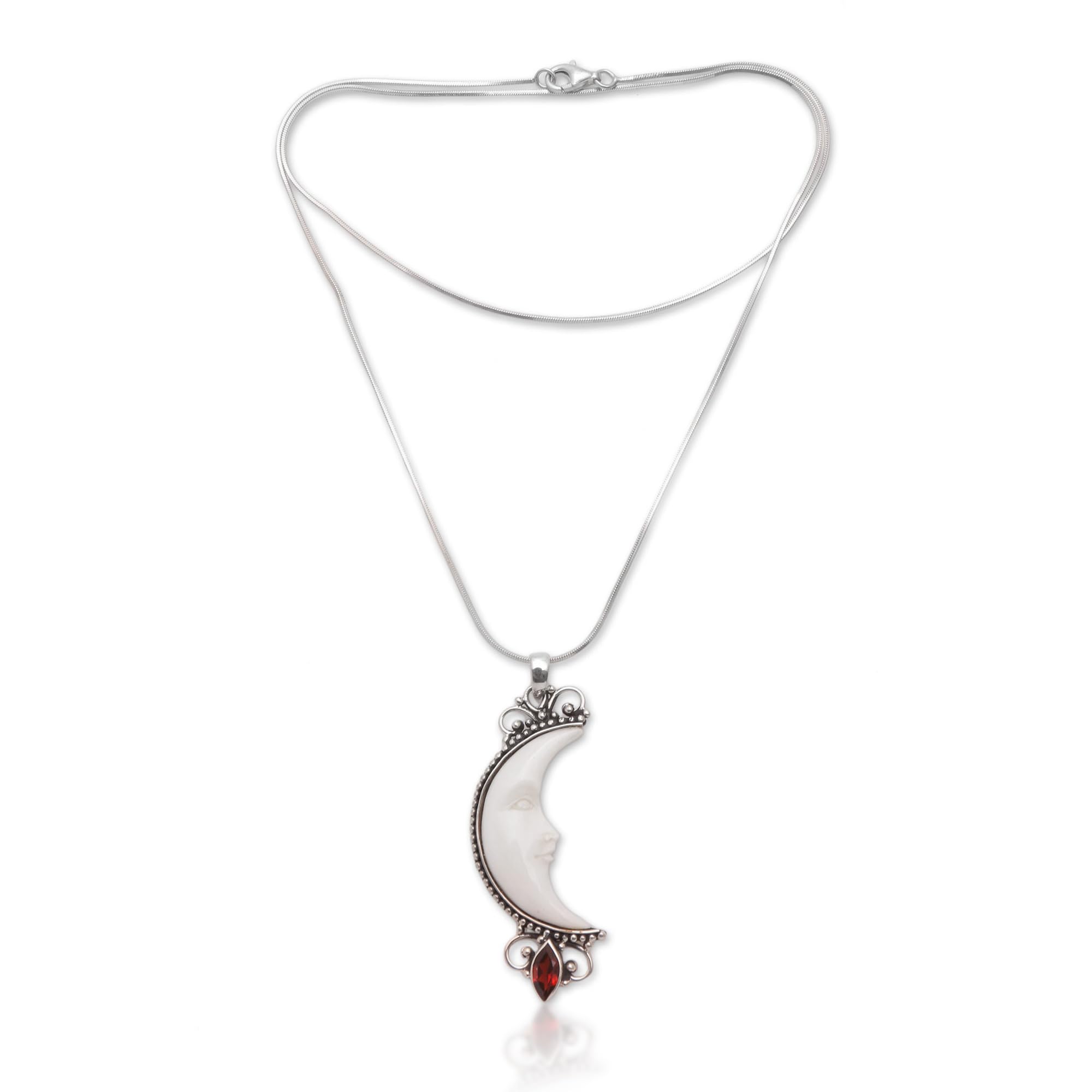 NOVICA Handmade Garnet Crescent Moon .925 Sterling Silver Artisan Bone Pendant Necklace for Women