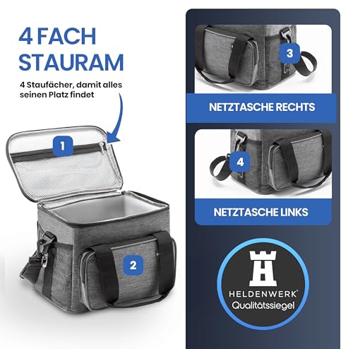 HELDENWERK® Kühltasche klein faltbar – 12h Kühlleistung – Thermotasche auslaufsicher & wasserdicht – Kühlbox, Picknicktasche, Lunchtasche, Isoliertasche mit 5 Fächern & verstärktem Boden 6