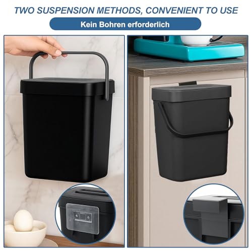 Hängender Mülleimer - 3L Kleiner Küchenmüllbehälter, Kleiner Biomülleimer Abfalleimer mit Deckel für Zuhause, Wandmontierter Mülleimer 16.1x13x20.5cm für Küchen Schränke und 15 Müllsäcke, Schwarz
