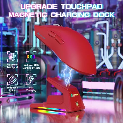 Image of ATTACK SHARK X1 Ultralight Tri Mode Wireless 40000 DPI Gaming Mouse-Red | Magnetic RGB Charging Dock,PixArt PAW3395 Pro Sensor,BT /2.4Ghz /Wired,1K Polling,Optical Micro Switch,Driver for PC Mac Gamer