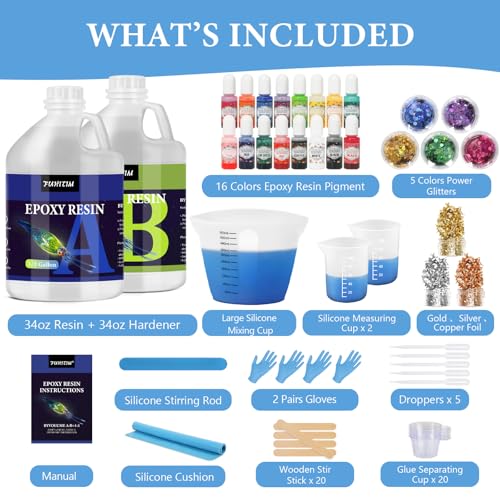 Image of 1 Gallon Crystal Clear Epoxy Resin Kit, High-Glossy& No Bubbles, Art & Casting Resin with 16 Epoxy Resin Pigment, Foil Flakes, Sequin,Craft Clear Resin for Art Crafts, Jewelry, Molds