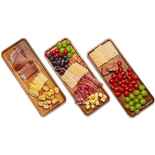 WLWNWFT Wooden Serving Platter Tray Set of 3 14.17x5.5in, Acacia Wood Serving Tray Boards Dessert Platter for Housewarming Serving Food Entertaining Party Kitchen Counter