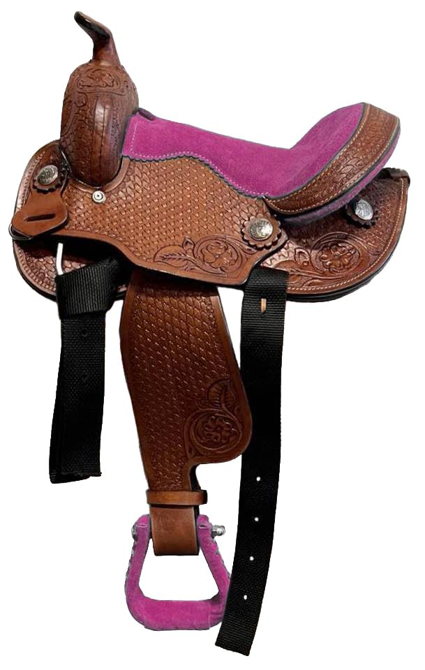 Tooled Youth Pony Western Barrel Saddle and Color Suede Seat, Brown, OE2300