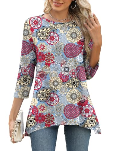 LOMON 3/4 Sleeve Tunic Tops for Women Loose Fit Dressy Casual Blouse Flowy Shirts to Wear with Leggings S-3XL