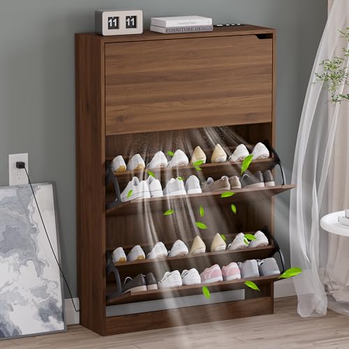 Image of BORNOON Shoe Cabinet with Odor Control and Back Panels, Deodorizing Slim 3-Flip Shoe Storage Cabinet for Entryway, Freestanding Hidden Shoe Rack Organizer for Entrance, Hallway, Bedroom