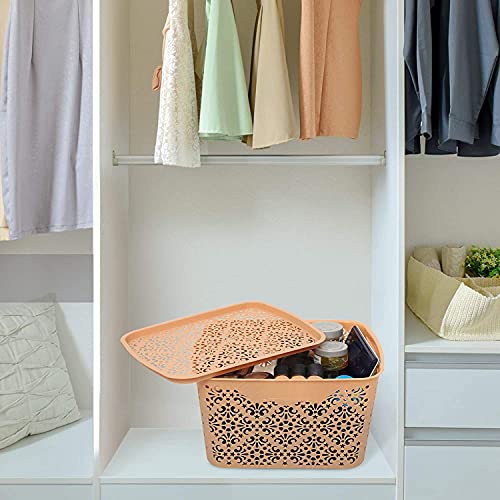 Image of Cutting Edge Essentials Plastic Storage Baskets /Shelf /Turkish Rack with Lid - Set of 2 for Fruit Vegetable Bathroom Stationary Home Basket with Handle (Biege, Large)
