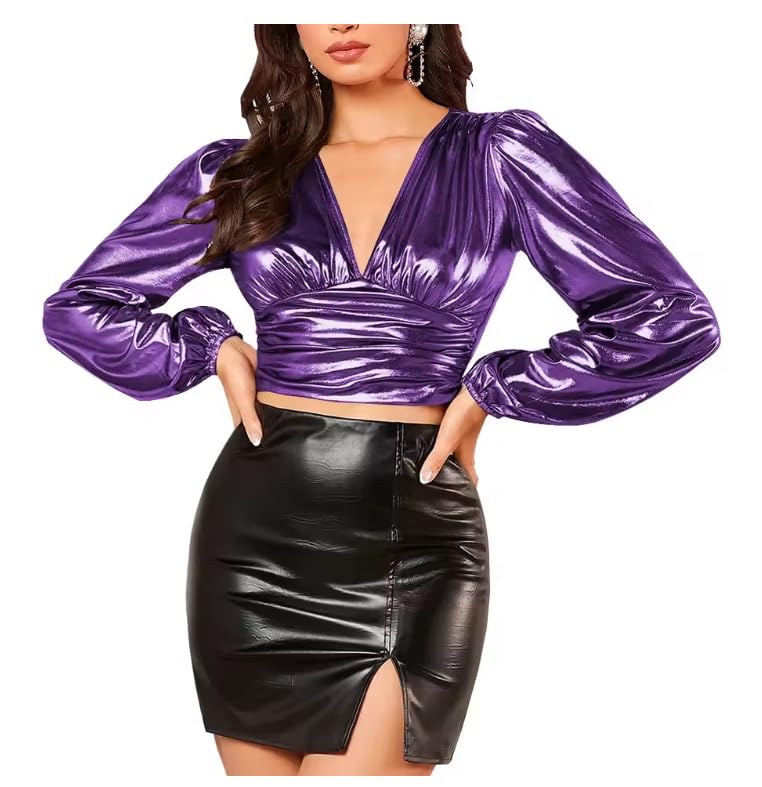 Camiseta corta con volantes metálicos de talla grande, cuello en V profundo, camisas de manga larga Sissy de gran tamaño, estilo punk, ropa de fiesta, personalizable