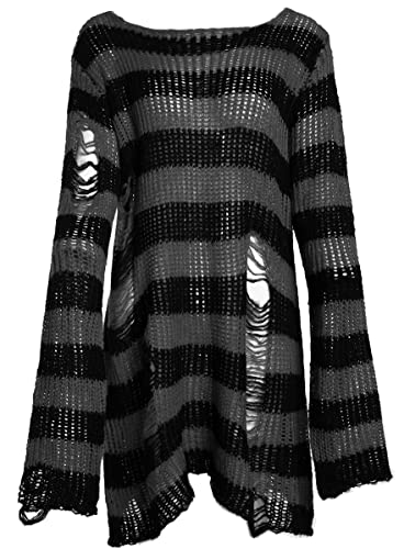 Punk Gothic Long Sweater Dress For Women Hollow Out Y2K Striped Pullover Top Black And Grey #TOP1