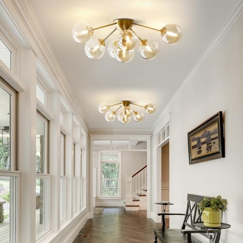 Image of KCO Lighting 7-Lights Mid Century Modern Flush Mount Ceiling Light Overhead Amber Glass Globe Sputnik Chandelier Ceiling Light Fixture Brass Gold Bedroom Living Room Ceiling Lighting