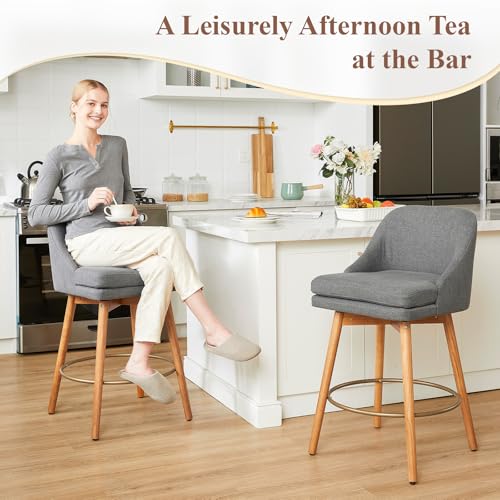 Image of kinmars Modern Bar Stools Set of 2,Swivel Counter Height Bar Stools with Soft Upholstered Back,Thick Seat,Wooden Legs, 27 inch Counter Stools for Kitchen Island (Gray, 4 Pieces - 27 inch Counter Height)