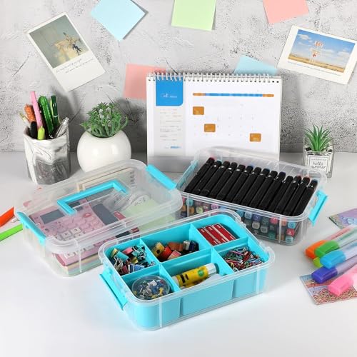 Image of plastic boxes for Storage transparent boxes for storage, Portable & Stackable Space Saving Organiser with Lid for Medicine, Jewelry, Arts & Crafts, Buttons, Beads (Blue, 4 TIER WITH 2 TRAY)
