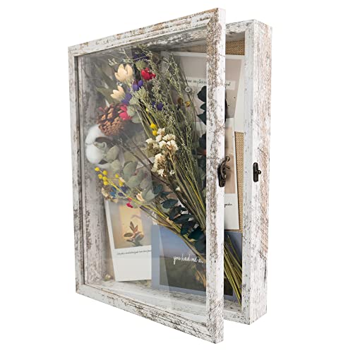 Image of GraduationMall 11x14 Wood Shadow Box Frame Glass Door Display Case with Linen Back and 6 Stick Pins,1.5 inches Interior Depth,Ideal for Memorabilia Pictures Flowers Medals Tickets Rustic White