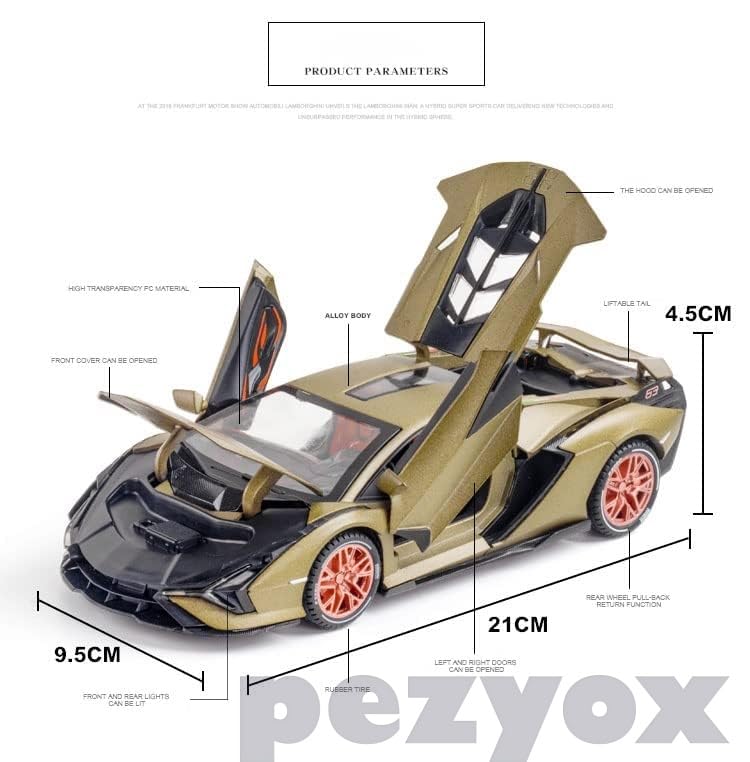 Image of 1 /24 Big Lamborghini SIAN Toy Car Metal Pull Back Diecast Car with Openable Door and Sound Light, Gifts Toys for Kids (Army Green)