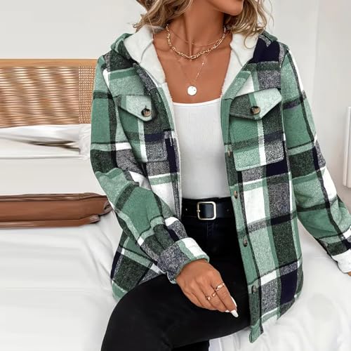 Generisch Wintermantel Damen Warm Gefüttert Kariert Winterjacke Damen Langarm Oversize Fleecejacke Mit Kapuze Fleece Damen-Jacken Winter Dicke Übergangsjacke Elegant Leicht Mantel Mit Knöpfen