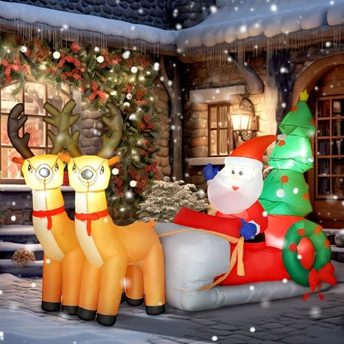 Outsunny Père Noël Gonflable de 2,1 m sur traîneau avec Deux Rennes, décoration de Noël Gonflable avec lumières LED intégrées pour Jardin, décoration...