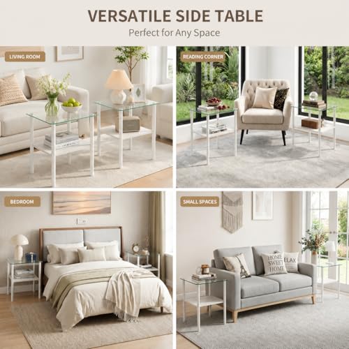 Image of Glass Side Table Set of 2, 16.3'' Small End Table, Square Sofa Side Table with Tempered Glass Top and Metal Legs, Minimalist Accent Table for Living Room, Bedroom, Easy Assembly