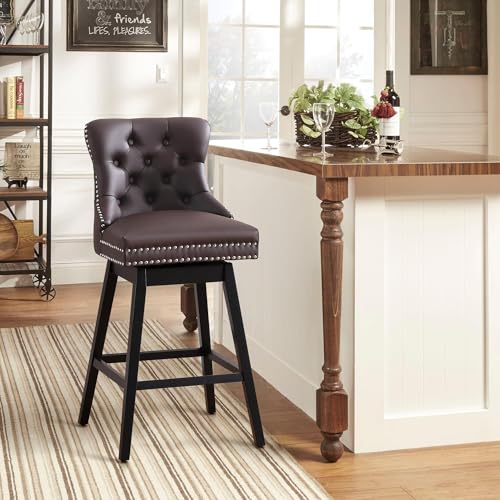 Image of Swivel Bar Stool with Back, Faux Leather Counter Height Bar Stools, Upholstered Tufted Counter Height Chairs, Solid Wood Legs (Brown, 26 inch H, Set of 1)