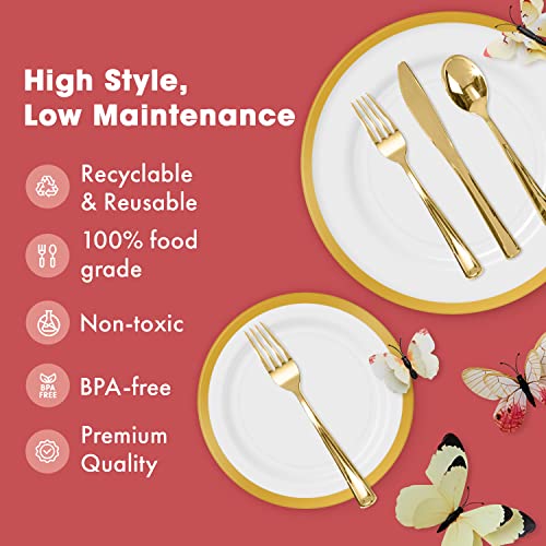 By Madee: Clear Plates With Gold Trim | Disposable Dinner, Salad Plates & Silverware | Gold Plastic Plates For Party | Gift Of 3D Butterflies | Heavyweight #TOP5