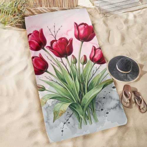 Toallas de baño Bovnobca con bouquet de acuarela Red Tulip, portátil para viaje, toalla de playa sobredimensionada, suave, super absorbente y de secado rápido, multiusos para deportes, fitness, yoga, 31" x 71"