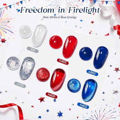 Image of Beetles 4th of July Gel Nail Polish Set, 6 Colors Red White Blue Cat Eye Gel Polish Sliver Glitter Gel Polish with Magnet & Stickers, Patriotic DIY Nail Art Gift for Women