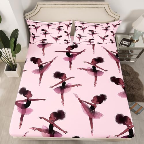 Homemissing Juego de sábanas de ballet, tamaño King, sábana bajera ajustable para niños y niñas, decoración de niña afroamericana, juego de ropa de cama bailarina, juego de cama para ejercicios de