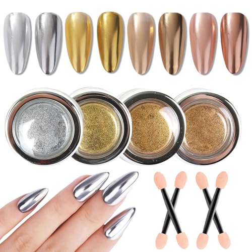 GZMAYUEN Polvo de Uñas Cromado Dorado Plateado Champán Cobre, 4 Colores Efecto Espejo Polvo Metálico Cromado para Uñas
