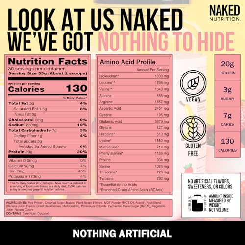 Image of NAKED Shake - Vegan Protein Powder, Strawberry Banana - Flavored Plant Based Protein with Mct Oil, NSF Certified, Gluten-Free, Soy-Free, No Gmos Or Artificial Sweeteners - 30 Servings
