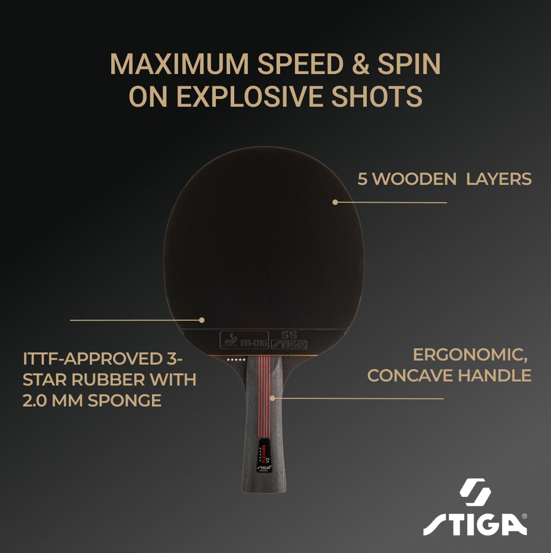 STIGA Flexure V2 Raquette de Ping-Pong, Raquette de Tennis de Table 5 étoiles, Revêtements STAR5 approuvés par l'ITTF, Prise Ergonomique - pour Les Joueurs offensifs