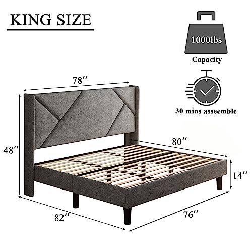 Ipormis King Size Bed Frame With Geometric Wingback Headboard, Upholstered Platform Bed Frame With Solid Wood Slats, 8" Storage Space, No Box Spring Needed, Easy Assembly, Light Gray #TOP1